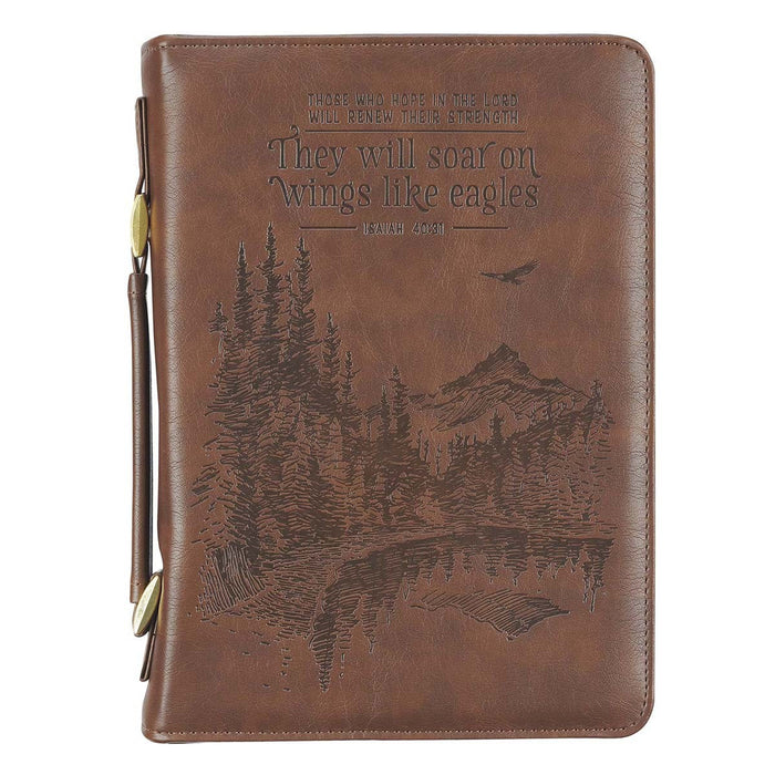 On Wings Like Eagles Brown Faux Leather Classic Bible Cover - Large - Morning Star Christian Bookstores