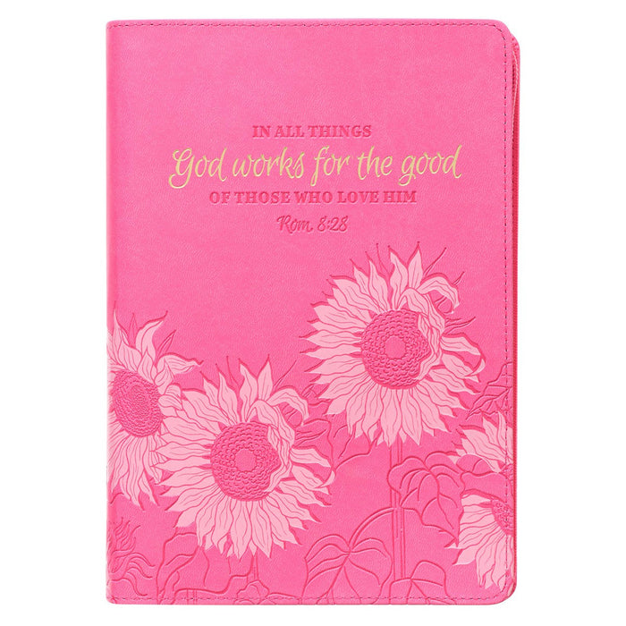 God Works Pink Sunflower LuxLeather Journal w/Zipper Romans 8:28