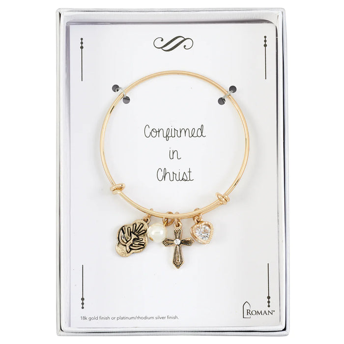 Girls Confirmation Charm Bangle Bracelet with Dove & Cross - Gold
