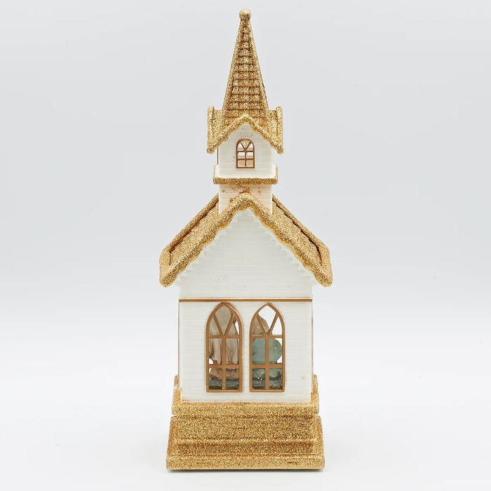 Confetti Lites Lighted Swirl White and Gold Church with Holy Family