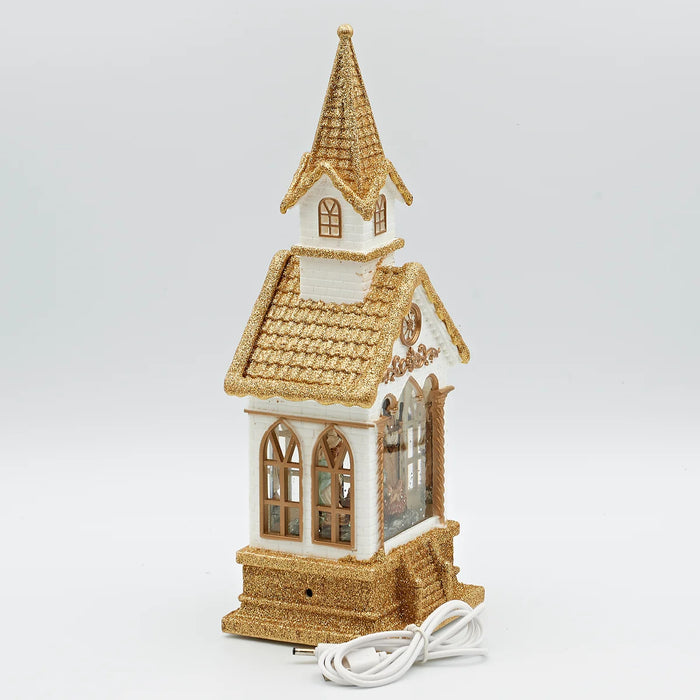 Confetti Lites Lighted Swirl White and Gold Church with Holy Family