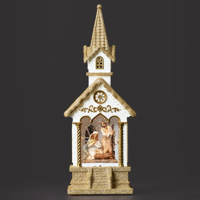 Confetti Lites Lighted Swirl White and Gold Church with Holy Family
