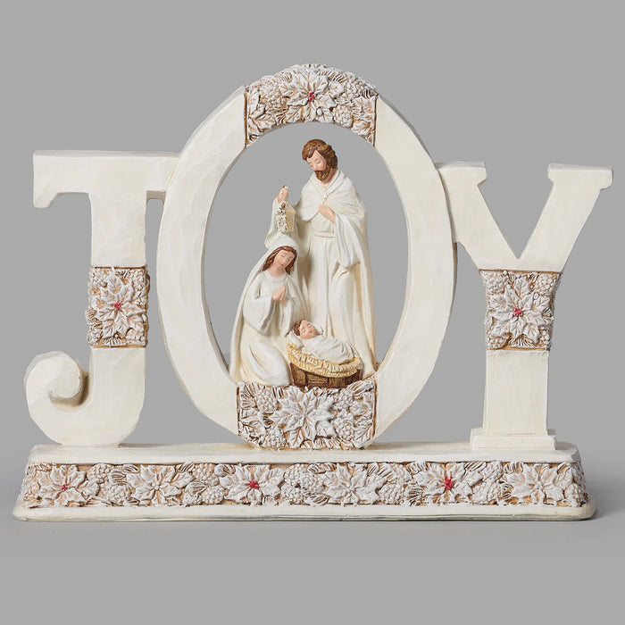 JOY Holy Family Figure with Poinsettia Pattern