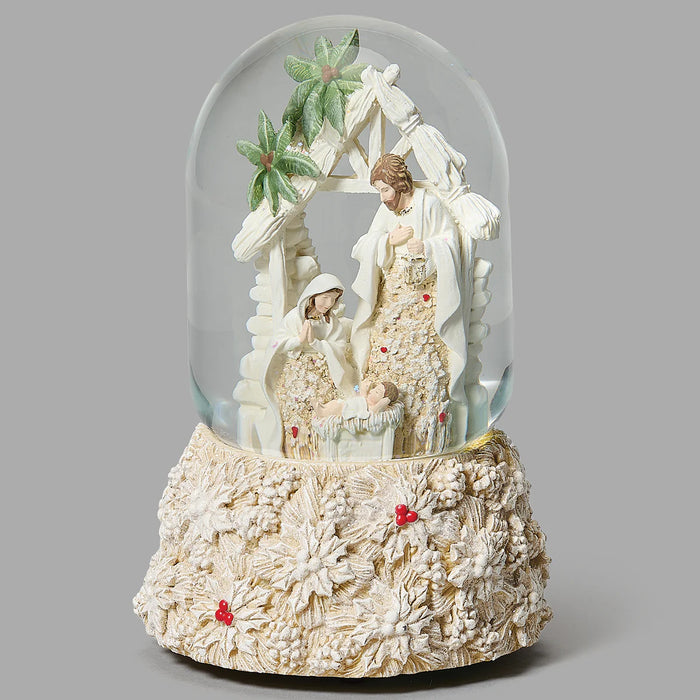 Glitterdome Holy Family with Poinsettia Accents- "Silent Night" Tune