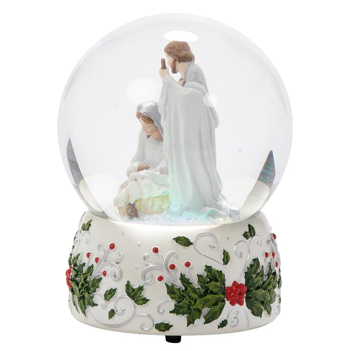 Glitterdome Holy Family with Holly Berry Silver Swirl - "Silent Night" Tune