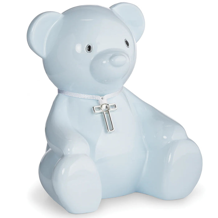 Caroline Collection Teddy Bear Bank with Cross Necklace - Blue