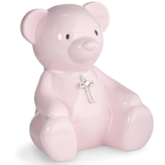 Caroline Collection Teddy Bear Bank with Cross Necklace - Pink