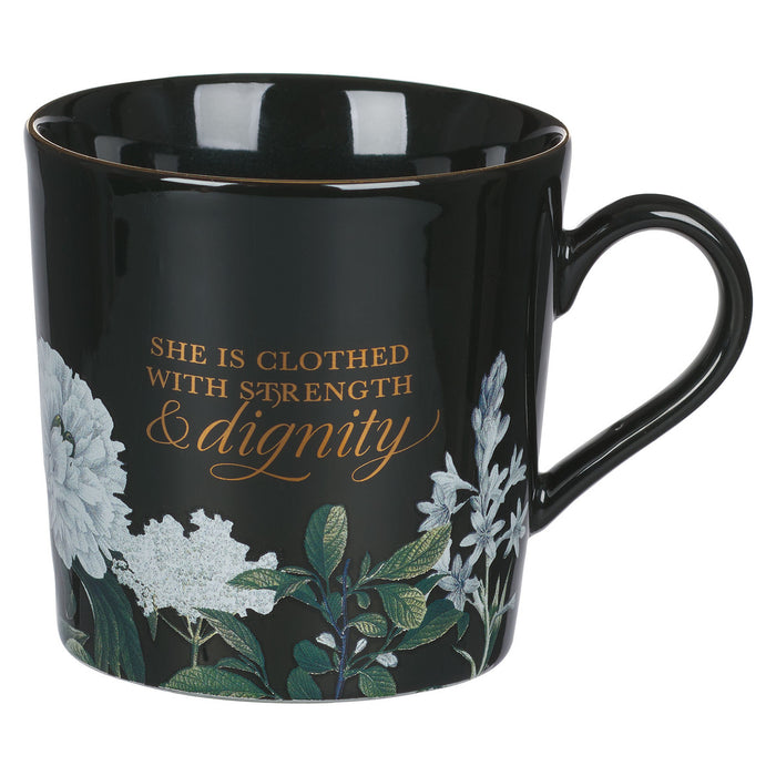 Strength and Dignity Black Floral Ceramic Coffee Mug - Morning Star Christian Bookstores