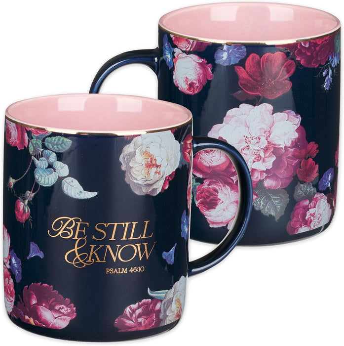 BE STILL AND KNOW MIDNIGHT BLUE FLORAL CERAMIC MUG