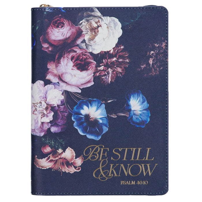 BE STILL AND KNOW MIDNIGHT BLUE FLORAL FAUX LEATHER CLASSIC JOURNAL W/ ZIPPER