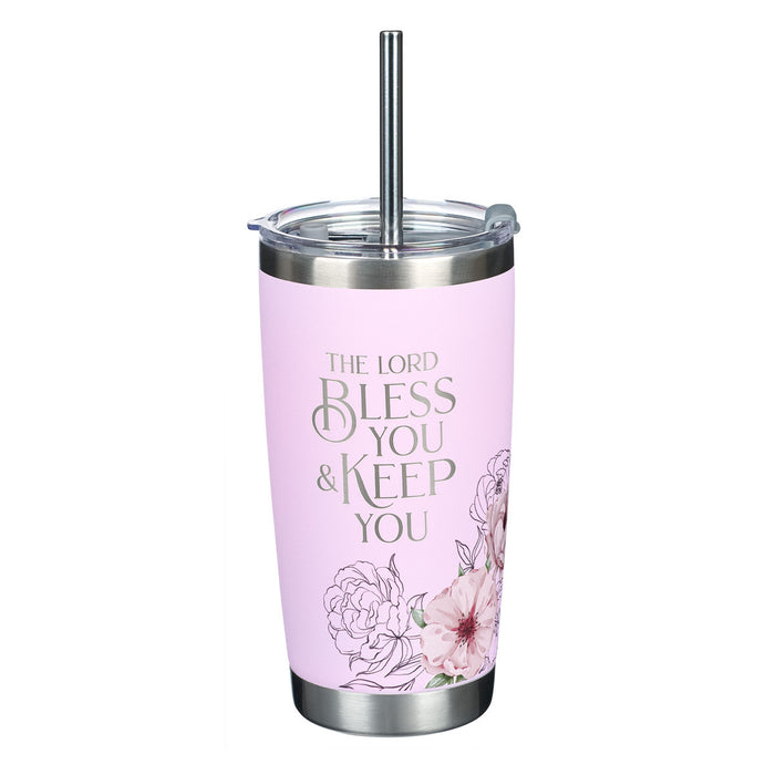 BLESS YOU AND KEEP YOU PINK FLORAL SS TUMBLER w/ SS STRAW