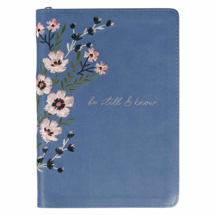 Be Still Floral Embroidered Blue LL Journal with Zipper Psalm 46:10