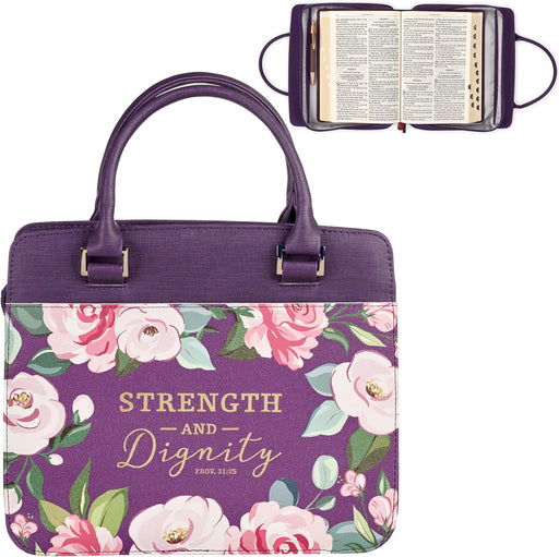Strength and Dignity Purple Floral Purse-style Bible Cover - Proverbs 31:25 - Morning Star Christian Bookstores
