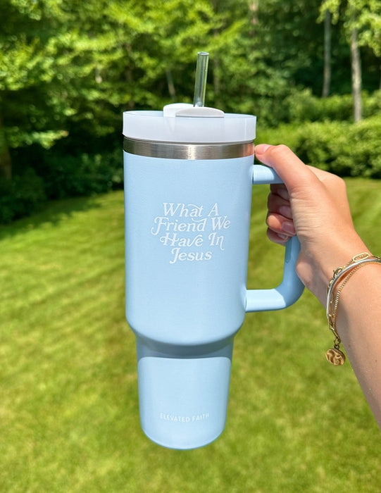 40 oz What A Friend in Jesus Tumbler Stainless Steel With Handle & Reusable Straw