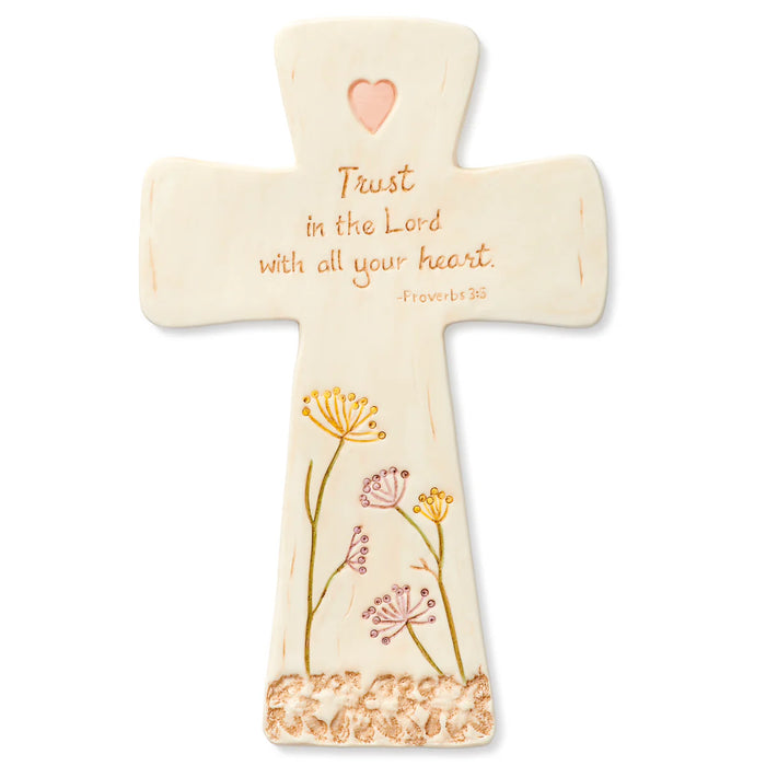 Scripture Porcelain Wall Cross with Floral Accents - Proverbs 3:3