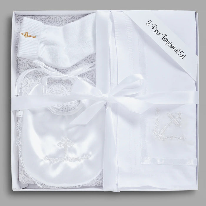 White Baptism Gift Set with Cross Embroidery
