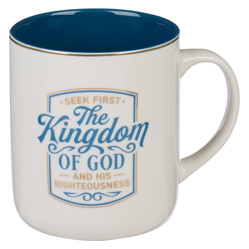 14oz White Mug W/Blue Interior -  Matt. 6:33 Seek First The Kingdom of God - Morning Star Christian Bookstores