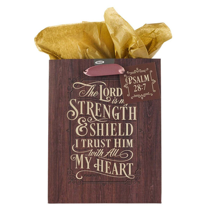 MD Gift Bag - The LORD is My Strength & Shield  - Woodgrain Psalm 28:7 - Morning Star Christian Bookstores