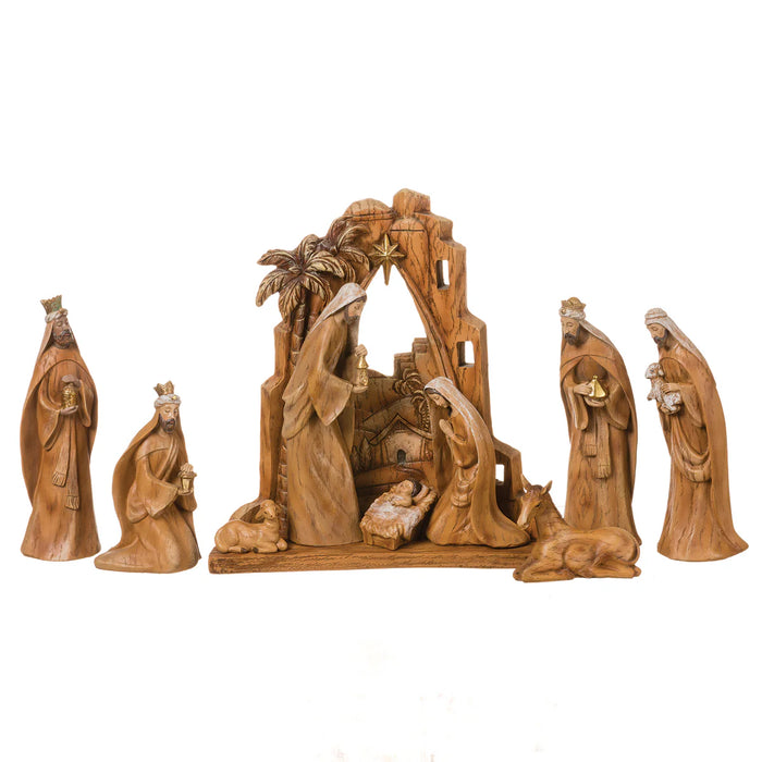 12" WOOD GRAIN CARVED NATIVITY w/BACKDROP 10pc