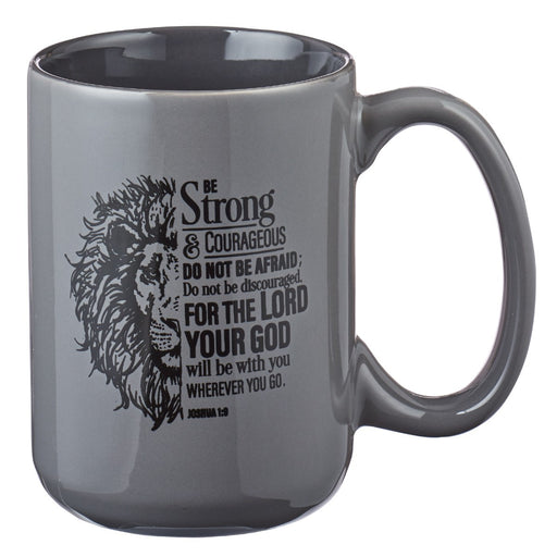 15oz Gray Mug Be Strong Lion Joshua 1:9 - Morning Star Christian Bookstores
