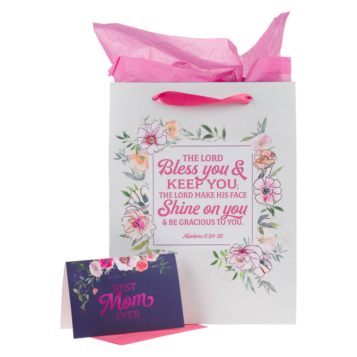 Bless You and Keep You Pink Floral Portrait Gift Bag w/ Card Set - Morning Star Christian Bookstores