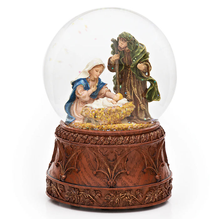 Glitterdome Musical Holy Family Carved Wood Base - "O Holy Night" Tune