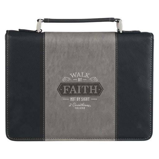 Bible Cover MD Walk by Faith Black & Gray LuxLeather 2 Corinthians 5:7 - Morning Star Christian Bookstores