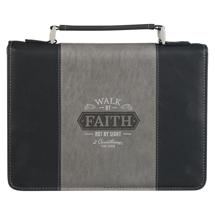 Bible Cover MD Walk by Faith Black & Gray LuxLeather 2 Corinthians 5:7 - Morning Star Christian Bookstores