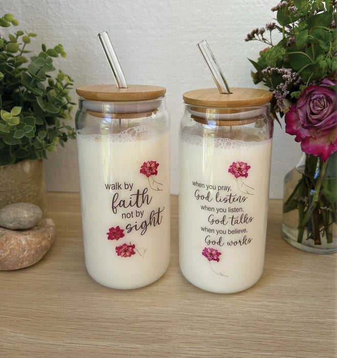 Glass Sipper with Wood Lid - Walk By Faith
