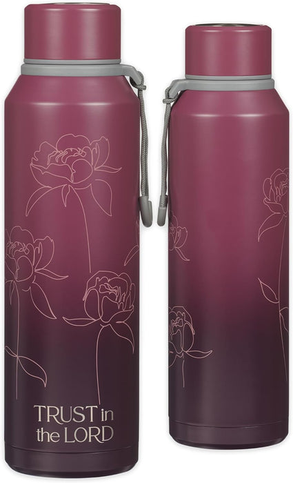 TRUST IN THE LORD PLUM FLORAL STAINLESS STEEL WATER BOTTLE - PROVERBS 3:5 - Morning Star Christian Bookstores