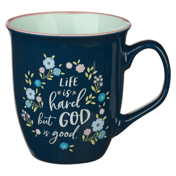 16oz Floral Navy Mug - Life is Hard But God is Good