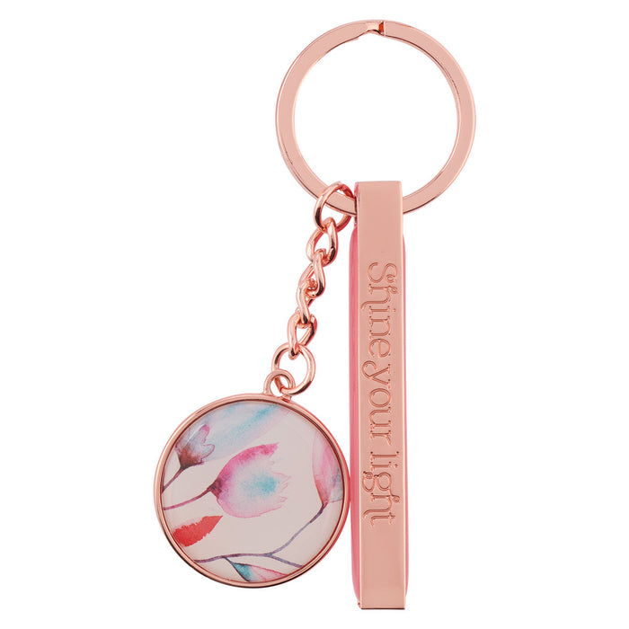 Shine Your Light Pink Petals Rose Gold Key Ring