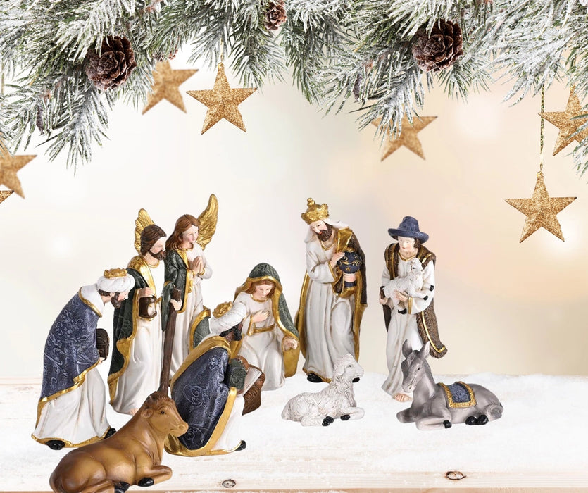 11 Piece Nativity Set White and Gold