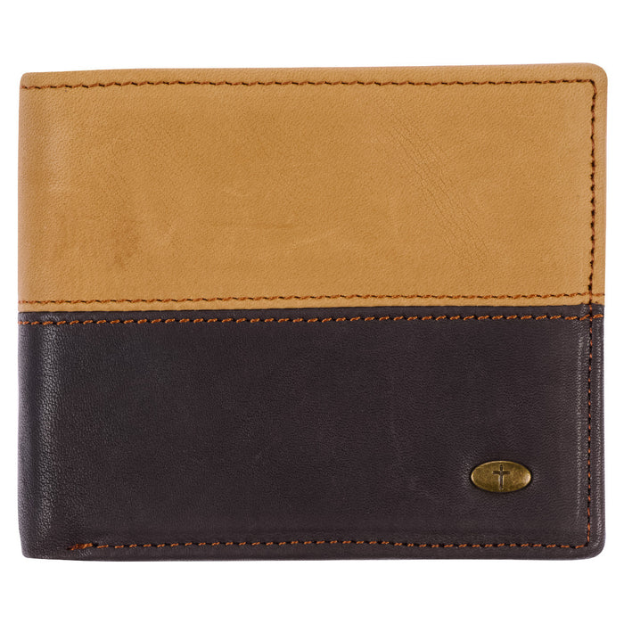 Two-tone Dark Brown/Camel Tan Leather Wallet w/Cross Badge - Morning Star Christian Bookstores