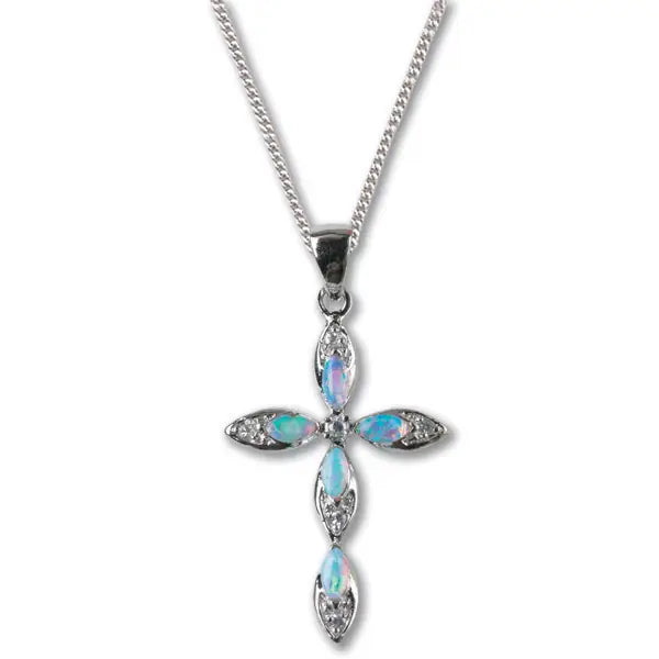 Sterling Silver Cross/Genuine Opal & Cubic Zirconia Necklace