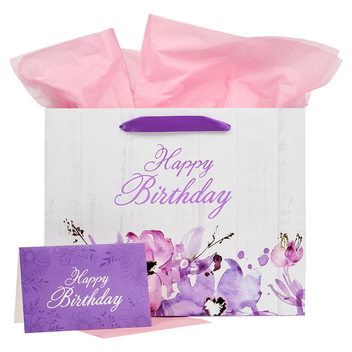 Happy Birthday Purple Floral LG Landscape Gift Bag & Card Set