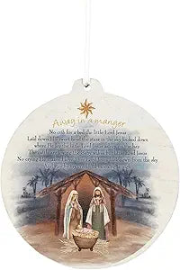 WOOD ORNAMENT AWAY IN A MANGER WHITE