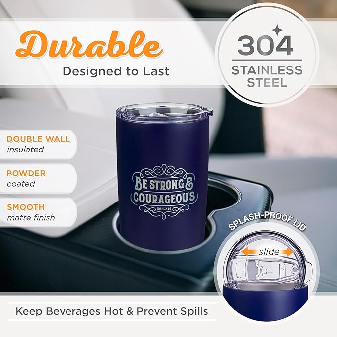 Strong and Courageous Navy Blue Stainless Steel Travel Tumbler - Joshua 1:9