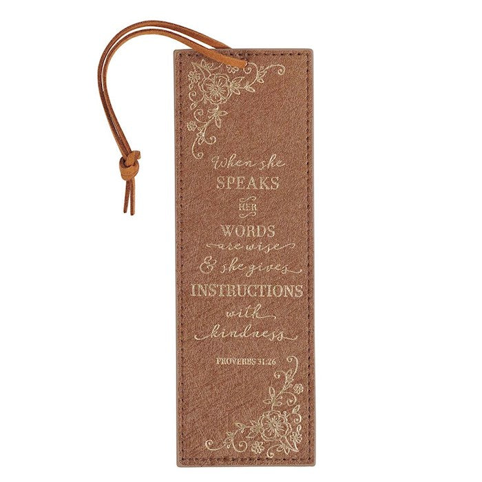 When She Speaks Bronze Faux Leather Bookmark Proverbs 31:26 - Morning Star Christian Bookstores