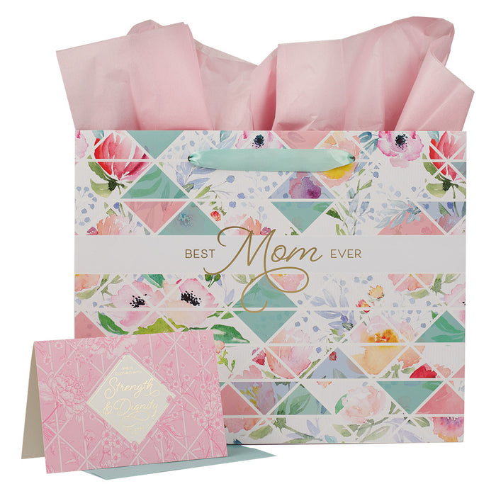 Best Mom Ever Pastel Diamond Large Landscape Gift Bag w/ Card Proverbs 31:25