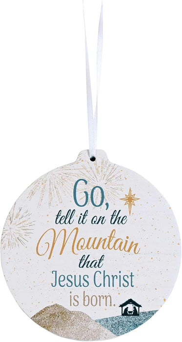 Dicksons Go Tell It On The Mountain White and Gold Tone 4 Inch Wood Hanging Christmas Ornament