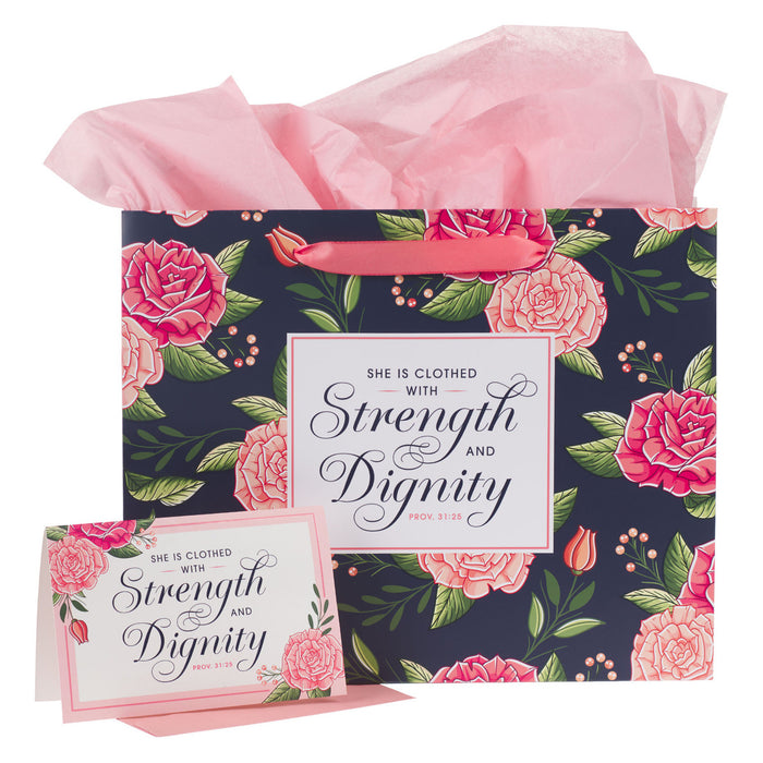 Strength and Dignity Pink Rose Landscape Gift Bag with Card Set