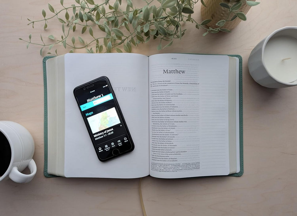 NLT Wide Margin Bible, Filament Enabled (LeatherLike, Sage Green Palm, Red Letter)