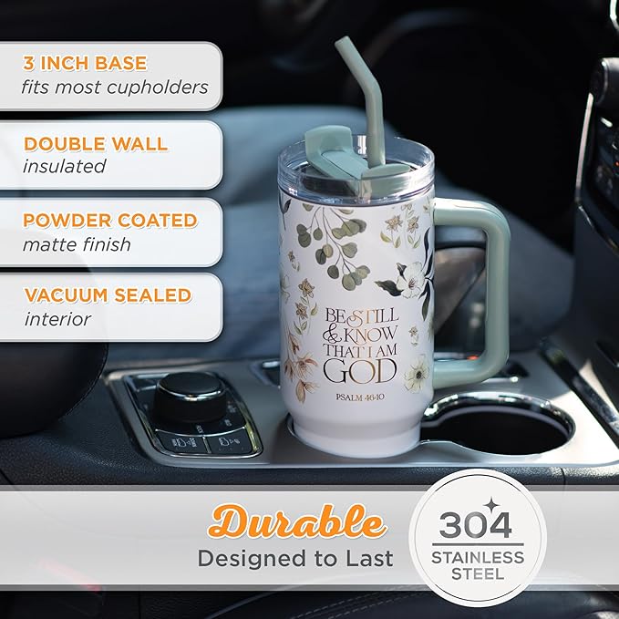 Be Still Teal Meadow 40 Oz Tumbler with Reusable Straw - Psalm 46:10