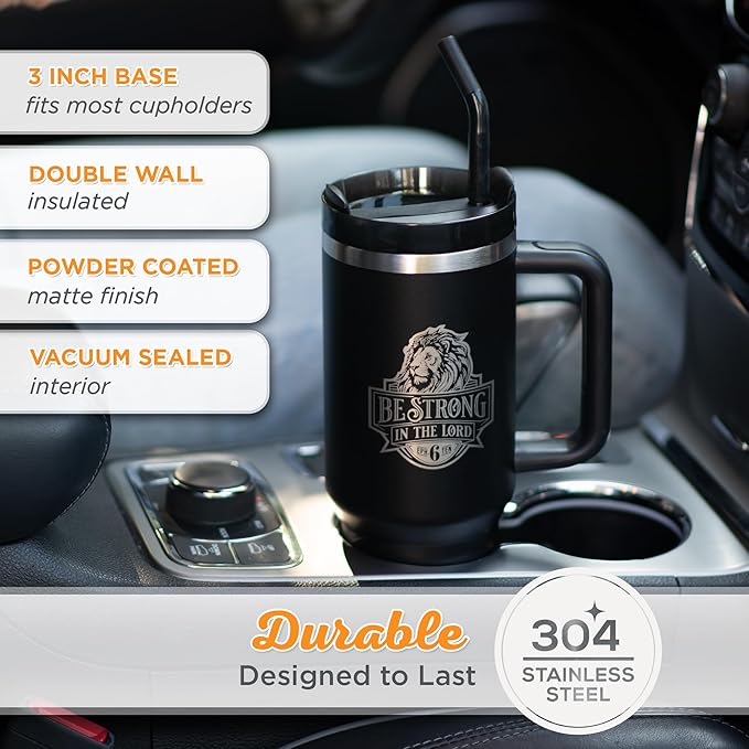 Be Strong in the Lord Black 40 Oz Tumbler with Reusable Straw - Ephesians 6:10