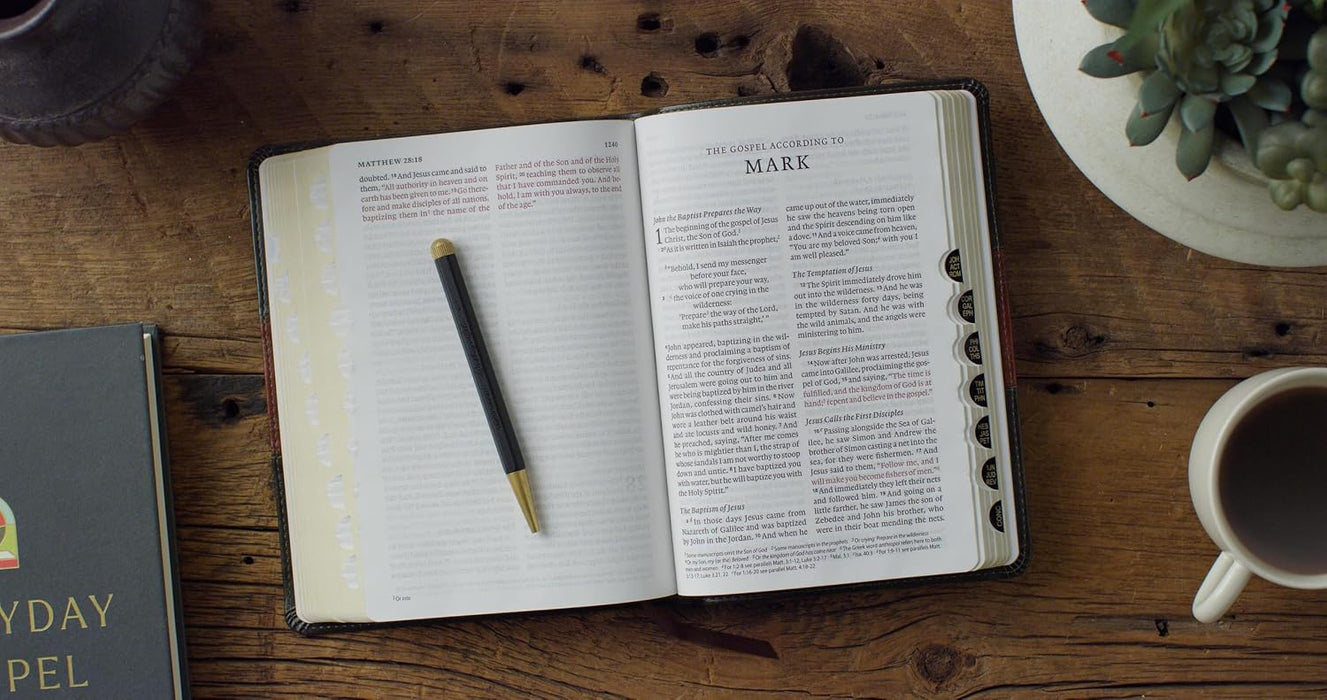 ESV Large Print Personal Size Bible, Red Letter, Indexed, TruTone, Forest/Tan, Trail Design