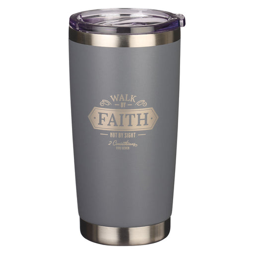 18oz StnStl Gray Travel Mug Walk By Faith 1 Corinthians 5:7 - Morning Star Christian Bookstores