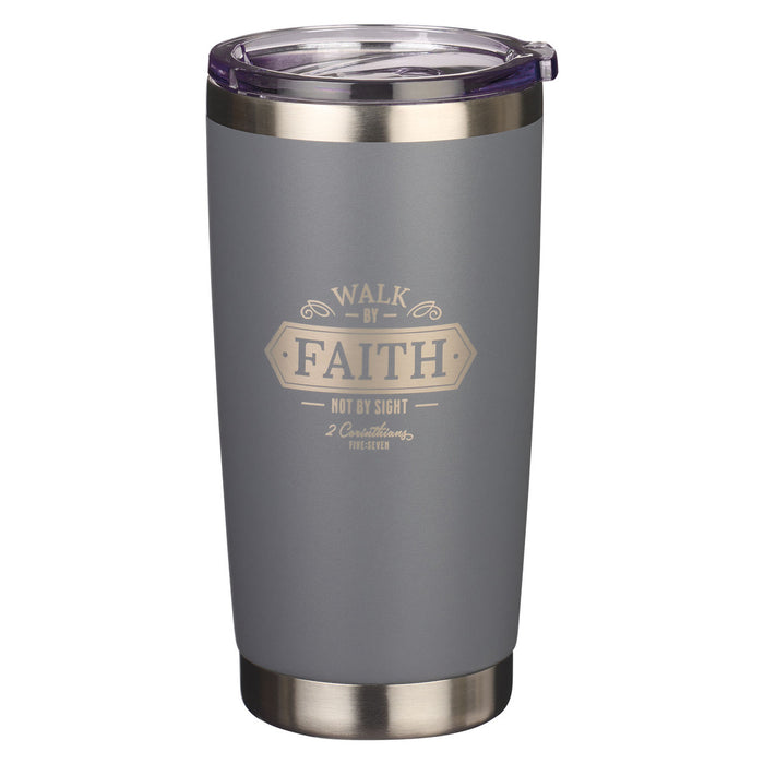 18oz StnStl Gray Travel Mug Walk By Faith 1 Corinthians 5:7 - Morning Star Christian Bookstores