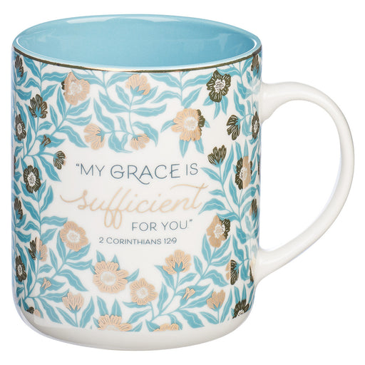 Sufficient Grace Floral Teal 14oz Mug 2 Cor 12:9 - Morning Star Christian Bookstores