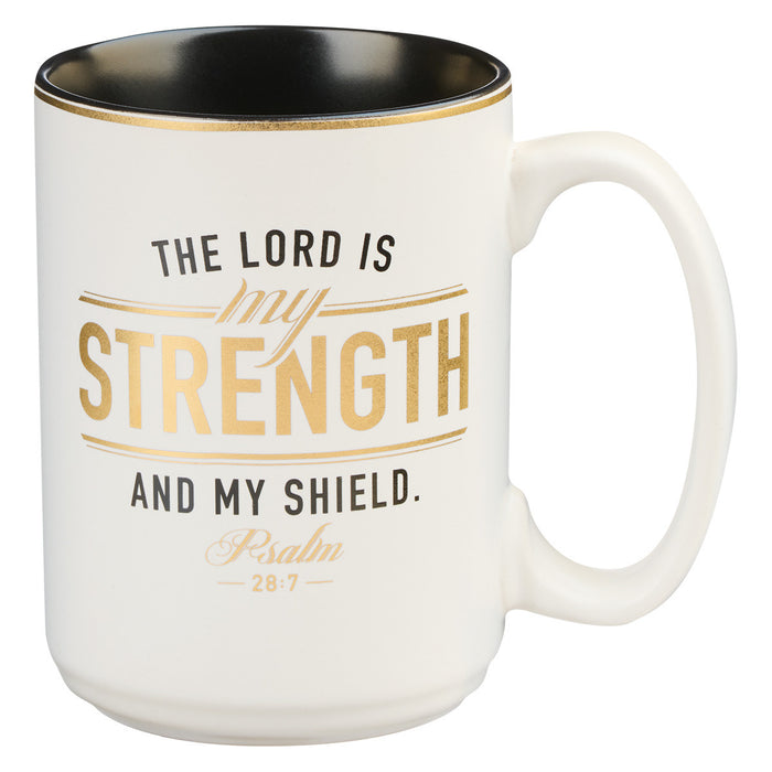 Strength & Shield White & Black 14oz Mug - Psalm 28:7 - Morning Star Christian Bookstores